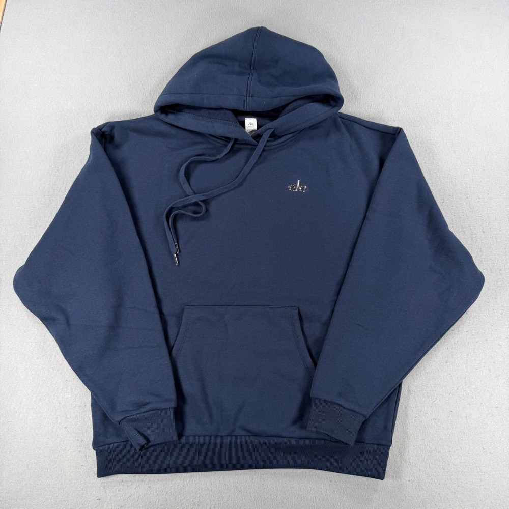 Alo Yoga Accolade Hoodie Mens Medium Navy Blue Fleece Pullover Sweatshirt NEW